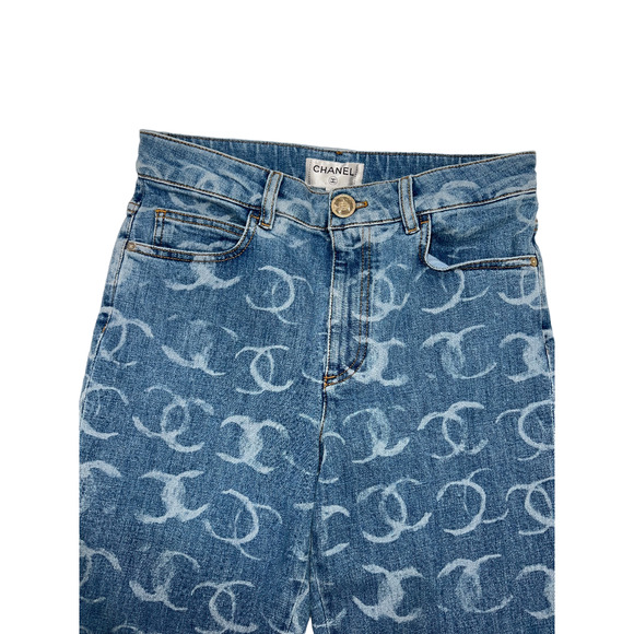 Chanel 23B Runway Light Blue Denim White CC Printed Logo Sequin Skinny Jeans 38 - Picture 3 of 16